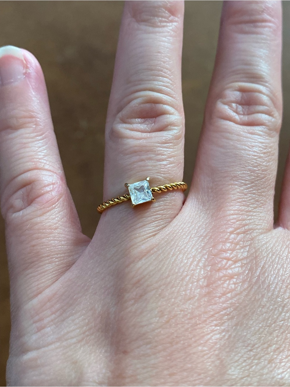 Gold Twisted Band Ring with Square Clear Stone Size 7 - Women's Jewelry